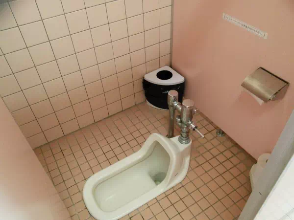 陶器製の和式トイレ。現在の日本で一般的な形状。